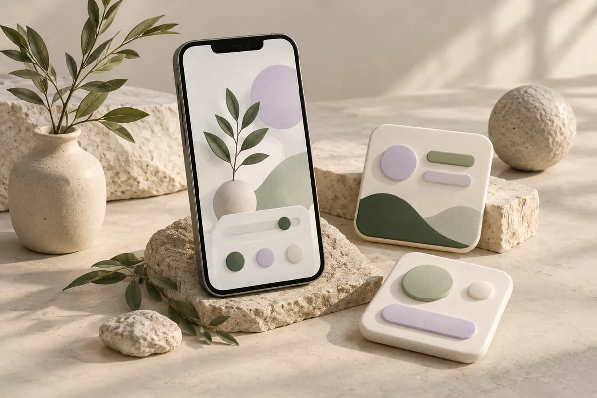 Mobile app concept with a phone, sage and lavender interface tiles, and tactile paper surfaces