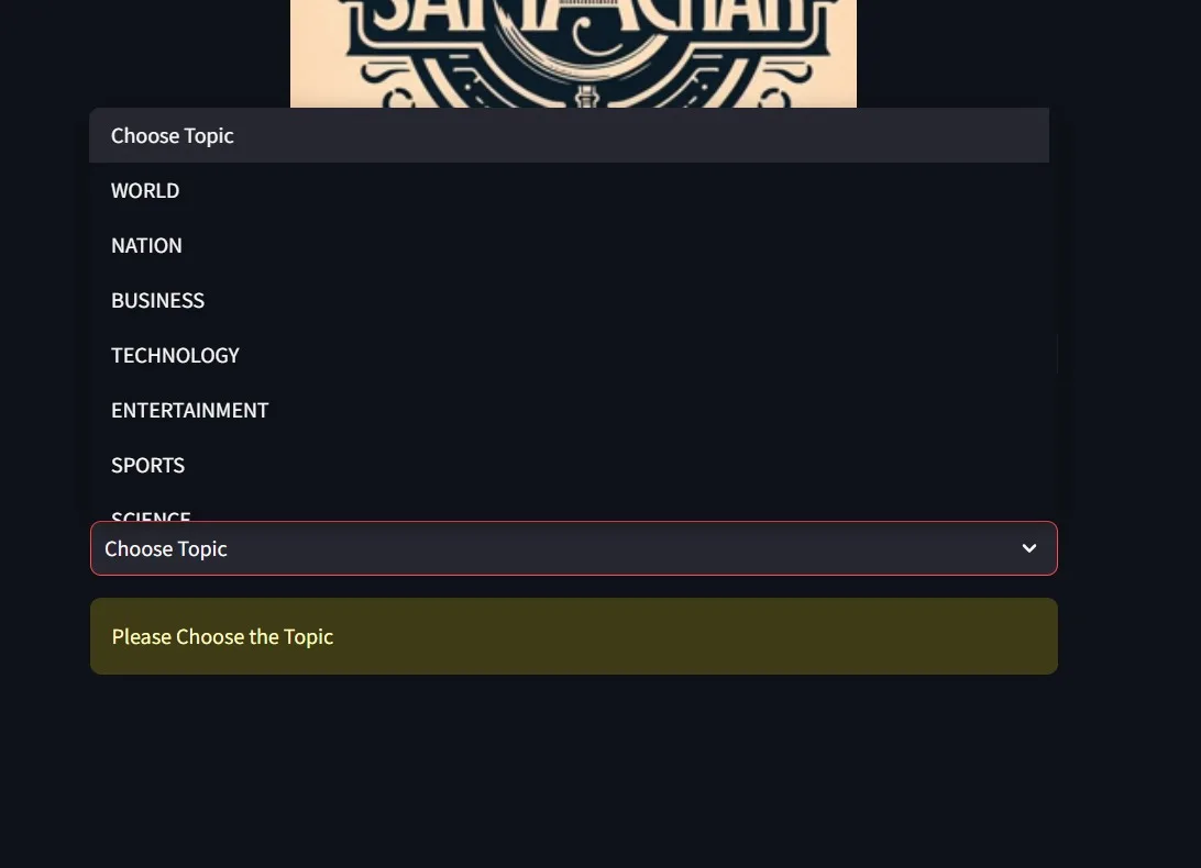 Samachar news portal screenshot showing its topic selector