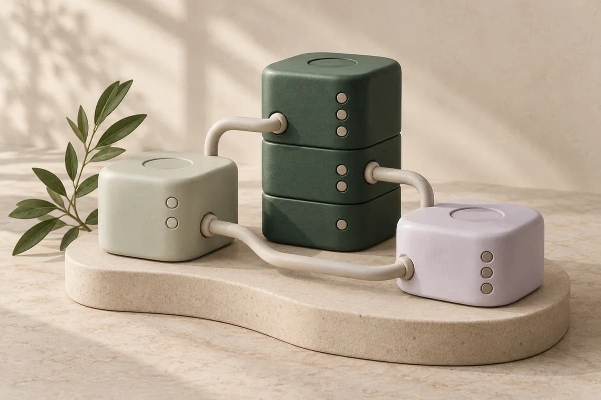 Connected software concept with three ceramic modules joined by curved connectors
