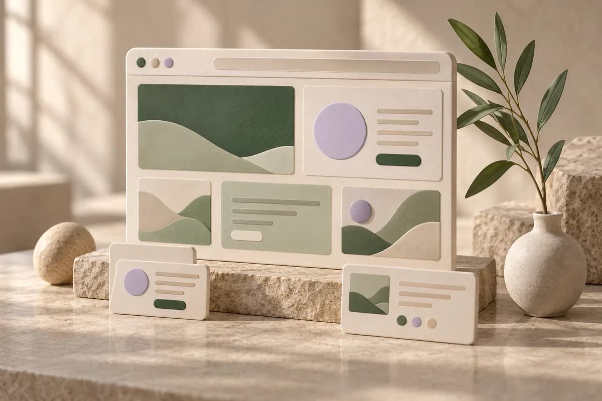 Website design concept with a ceramic browser frame and modular interface cards